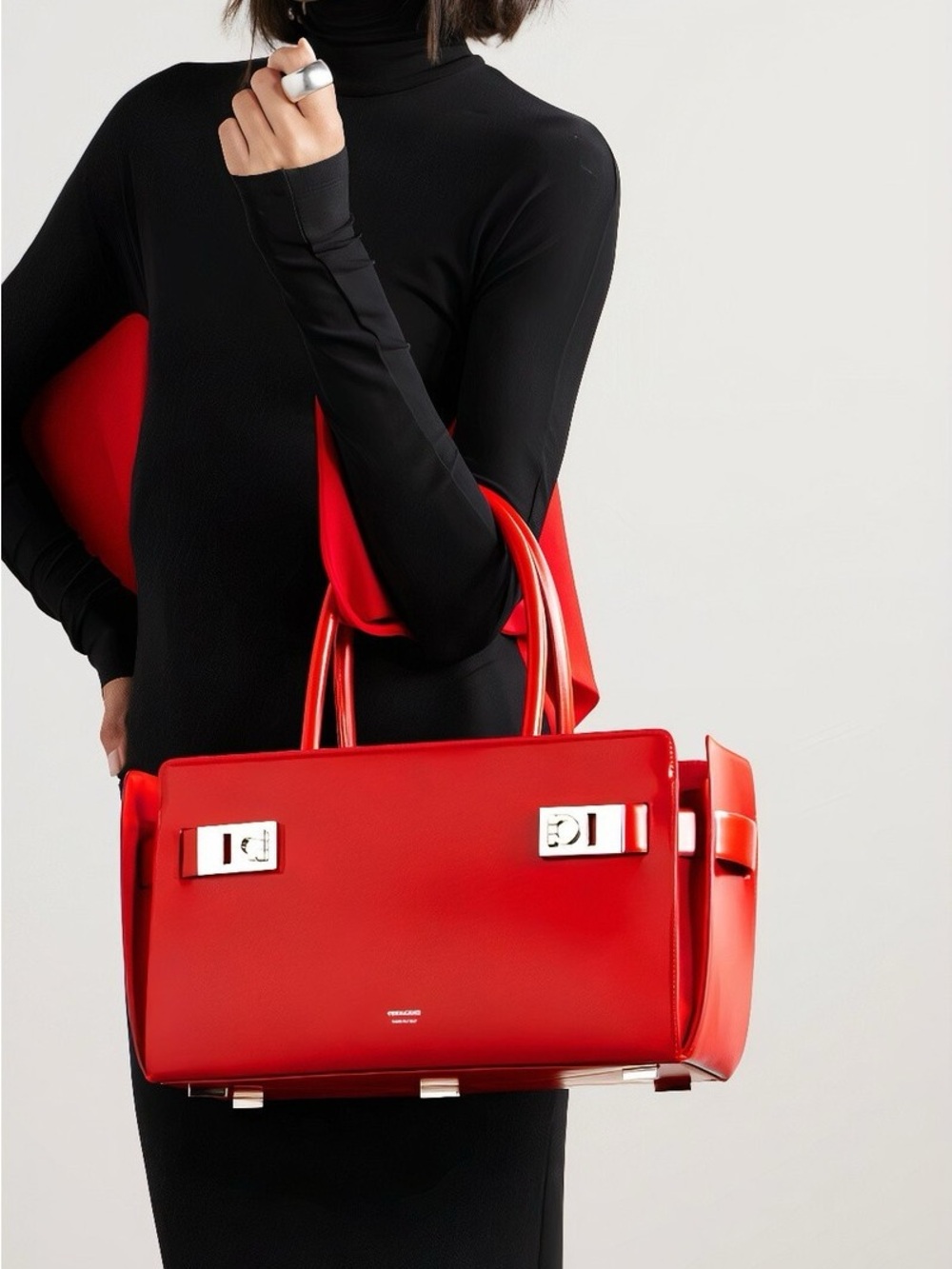 Salvatore Ferragamo Red Structured East West Quiet Luxury Leather Silver Tote